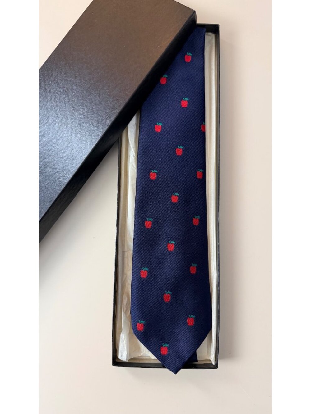 Vintage Navy Blue Tie With Red Apple Pattern By The Competitor Made In USA